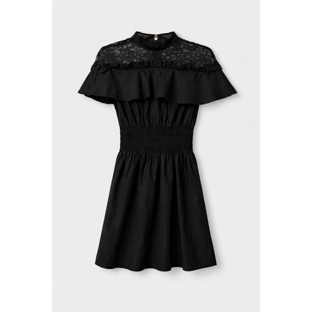 Aamikast Small Black Lace Yoke Ruffle Mini Dress Smocked Waist Cocktail Party